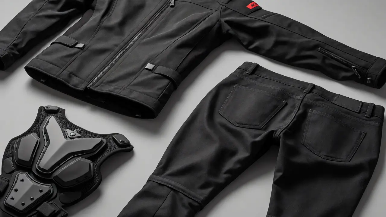 Detailed layout of women-specific motorcycle jacket and curvy-fit riding jeans.