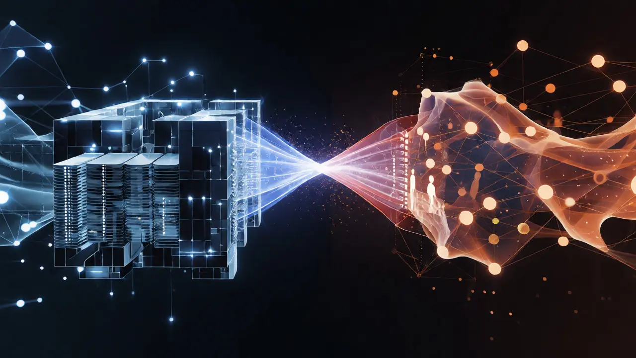 Digital illustration of DMS and CRM systems connected by a glowing data stream.