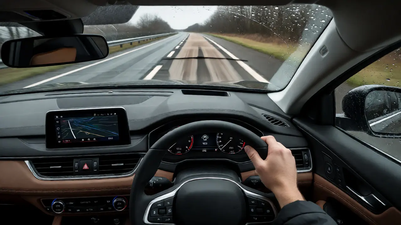 Driver's POV test driving a car on varied road surfaces in rainy weather