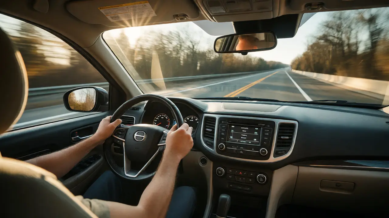 Driver testing handling on a highway in a used SUV