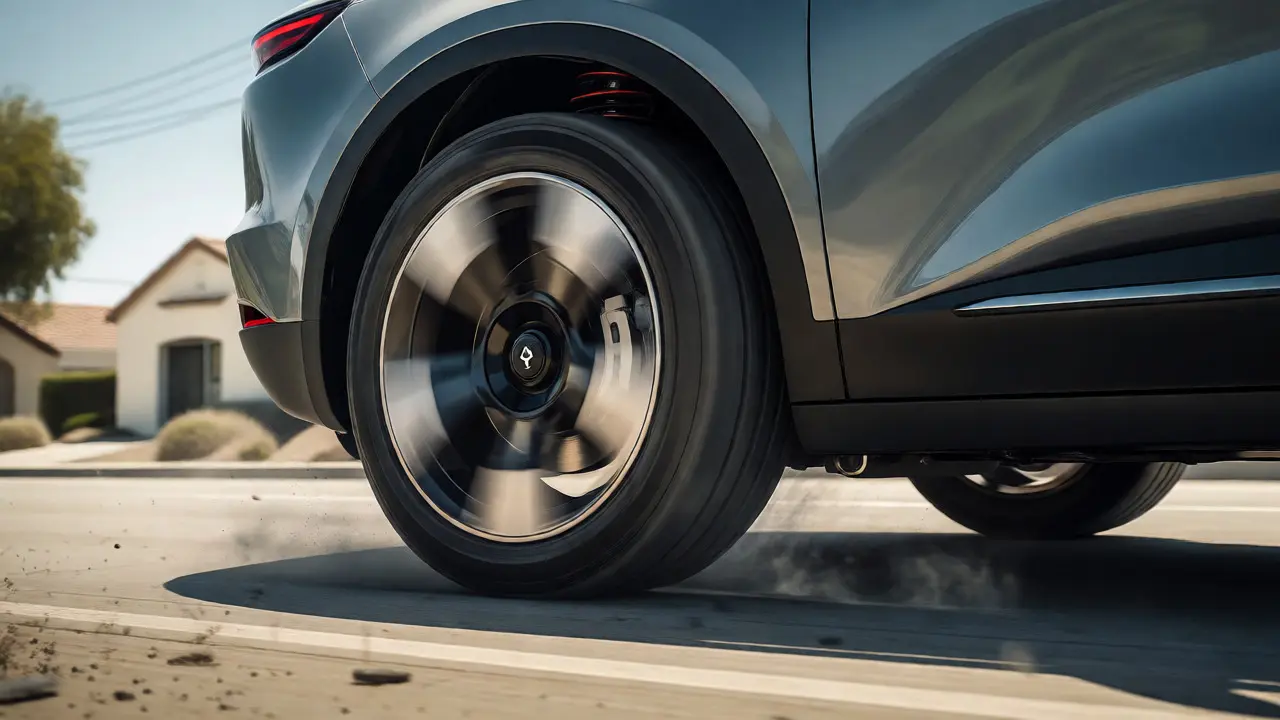 Electric SUV launching with visible tire spin and dust