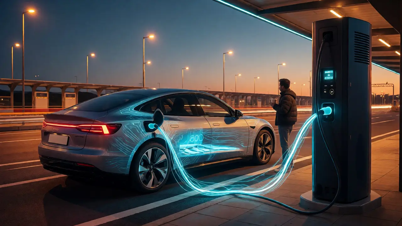 EV charging rapidly at a motorway station at dusk