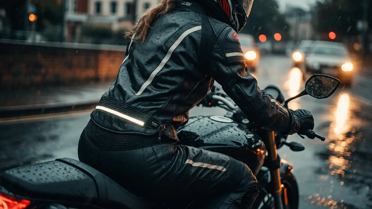 Female rider in fitted gear navigating wet roads with secure jacket-pant connection.