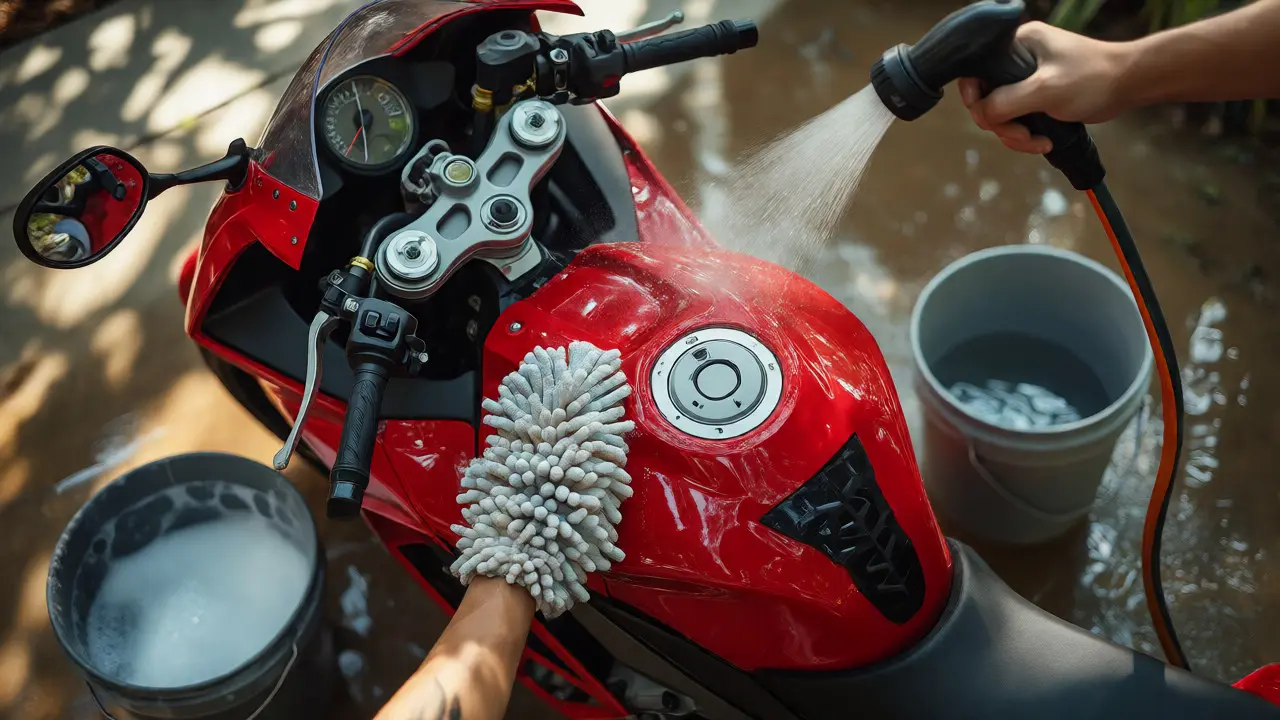 Gentle mist washing of motorcycle fairings with microfiber mitt