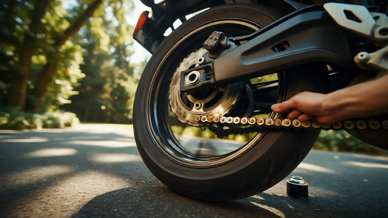 Hand applying lubricant to a motorcycle drive chain outdoors in sunlight.