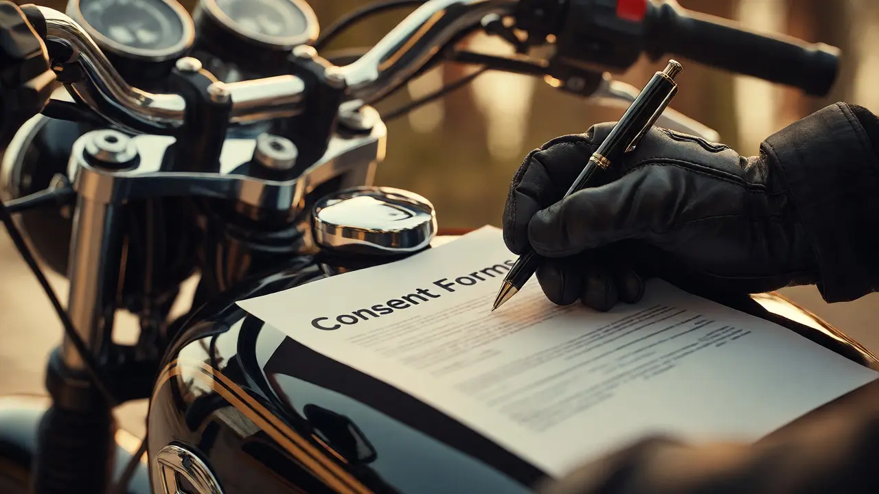 Hand signing a consent form on a motorcycle fuel tank