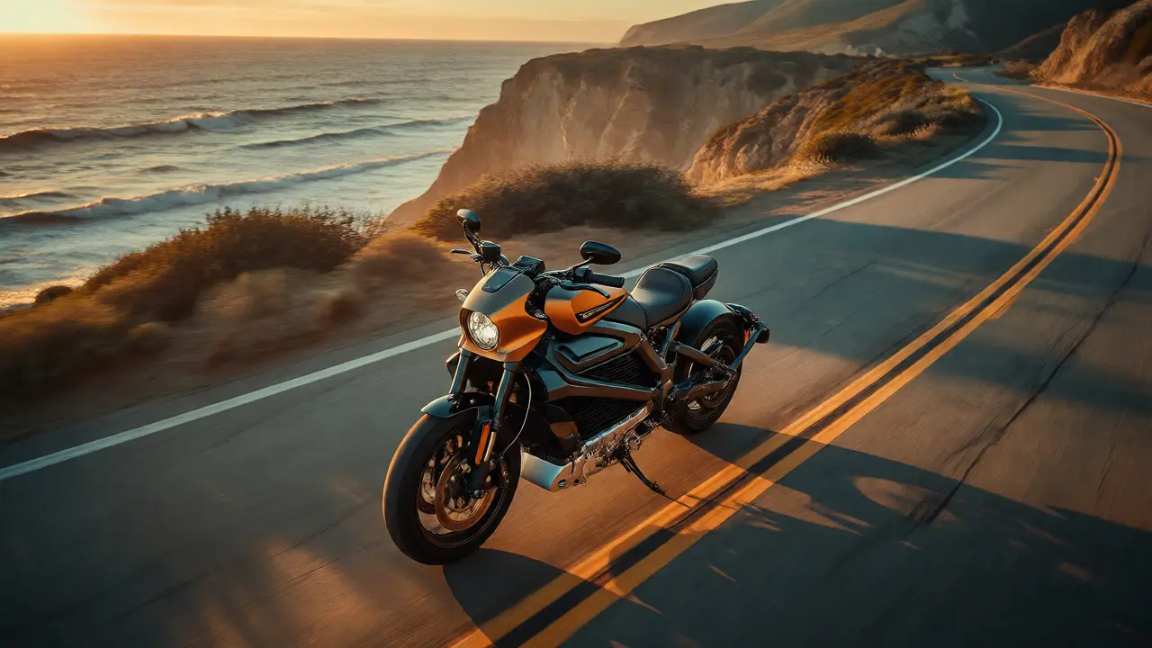 Harley-Davidson LiveWire touring smoothly along a coastal highway at sunset.