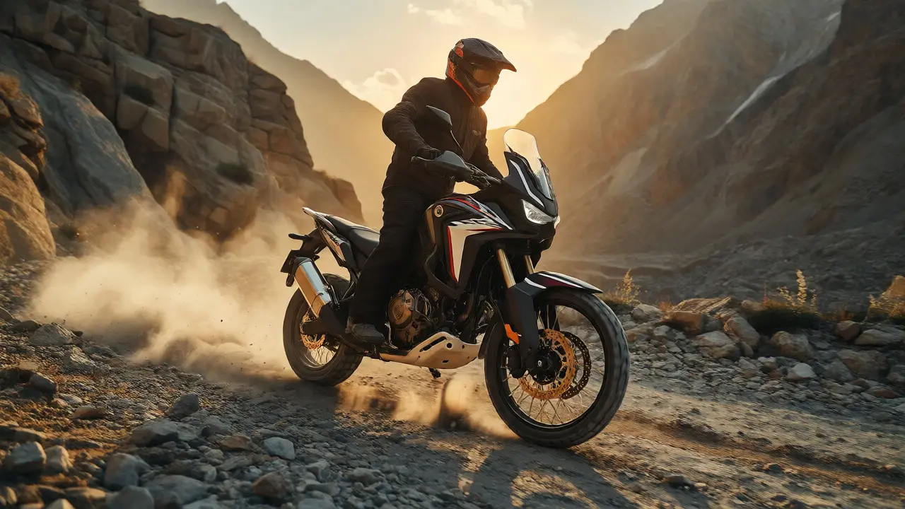 Honda Africa Twin riding on a dusty mountain trail at sunset