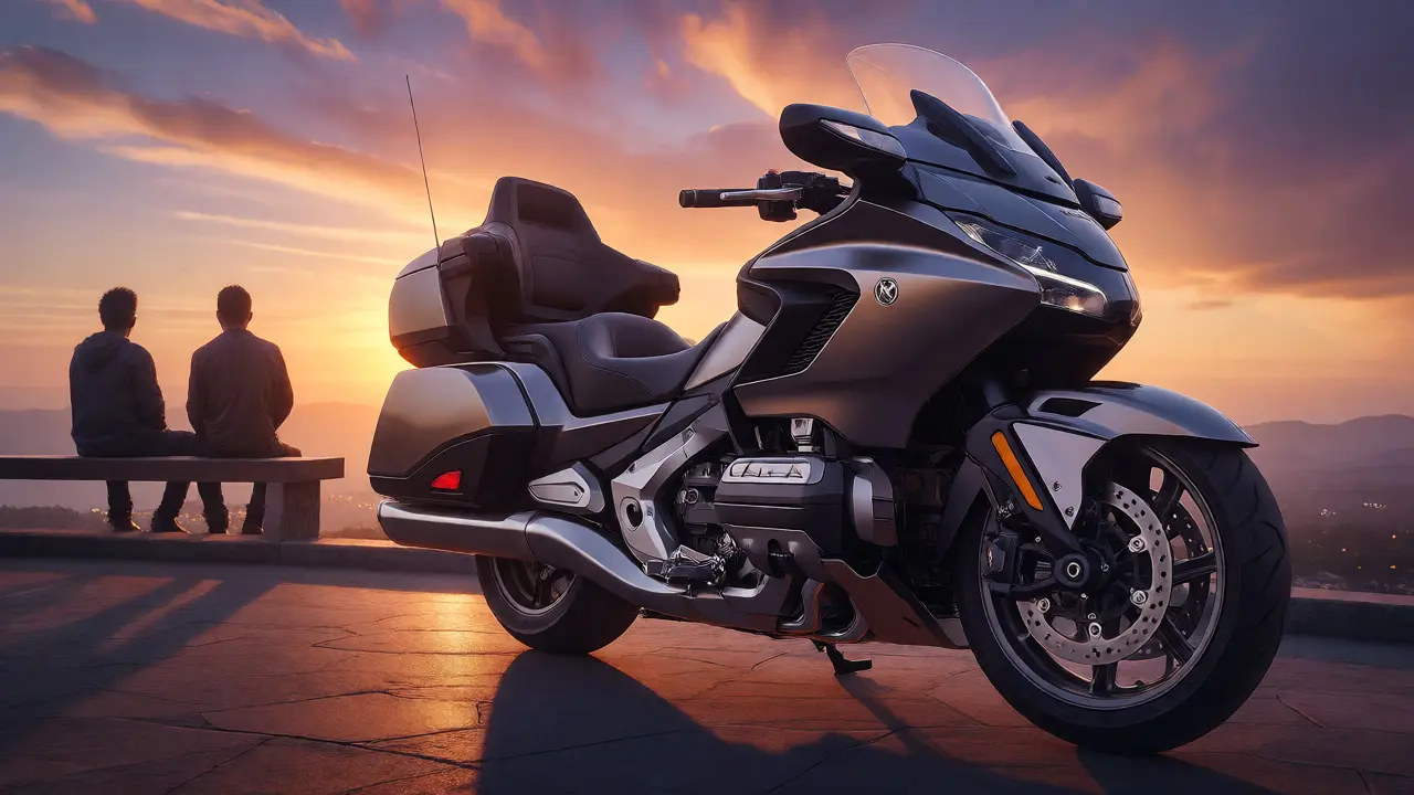 Honda Gold Wing parked at a scenic overlook during sunset