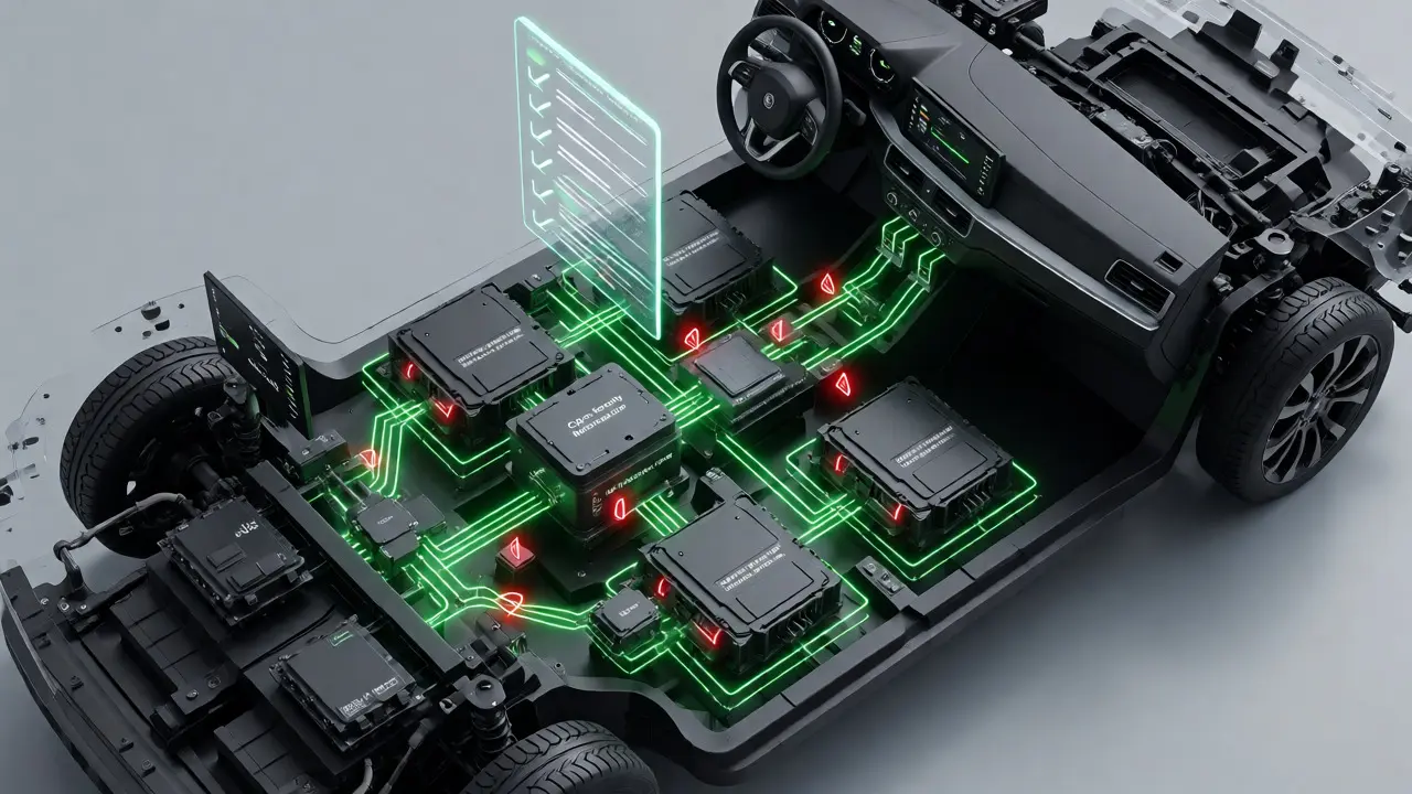 Isometric view of a car's internal ECU network with secure data pathways and CSMS monitoring.