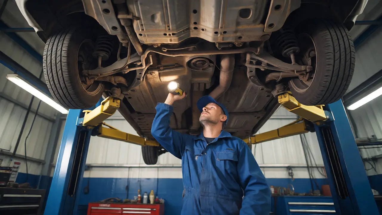 Mechanic inspecting a lifted car's undercarriage