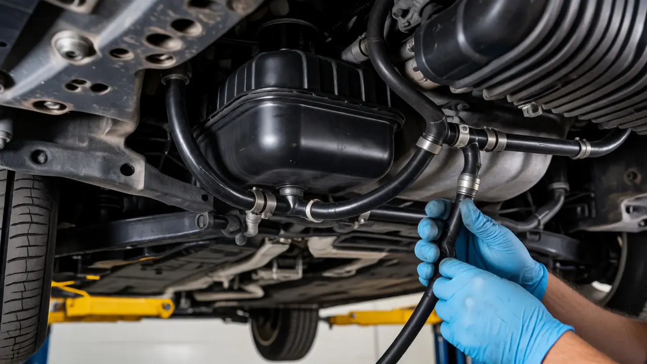 Mechanic inspecting EVAP charcoal canister and hoses under a lifted car