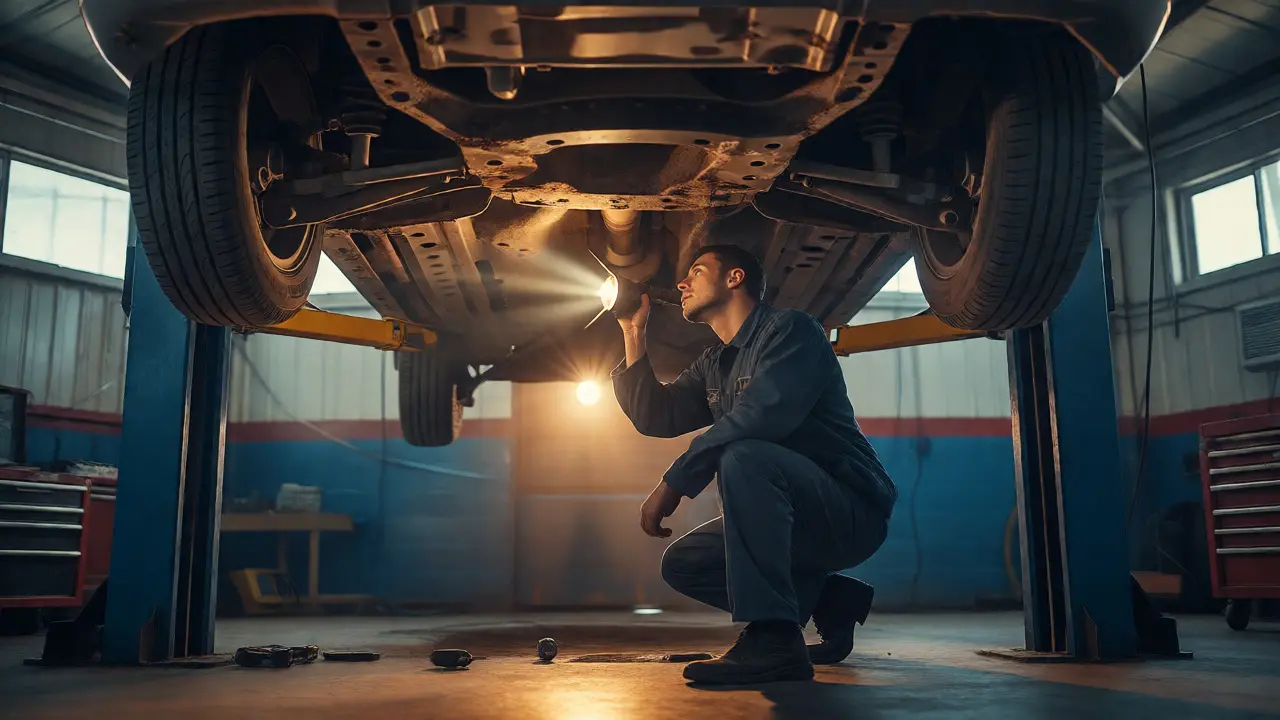 Mechanic inspects the undercarriage of a lifted car with a flashlight during a check.