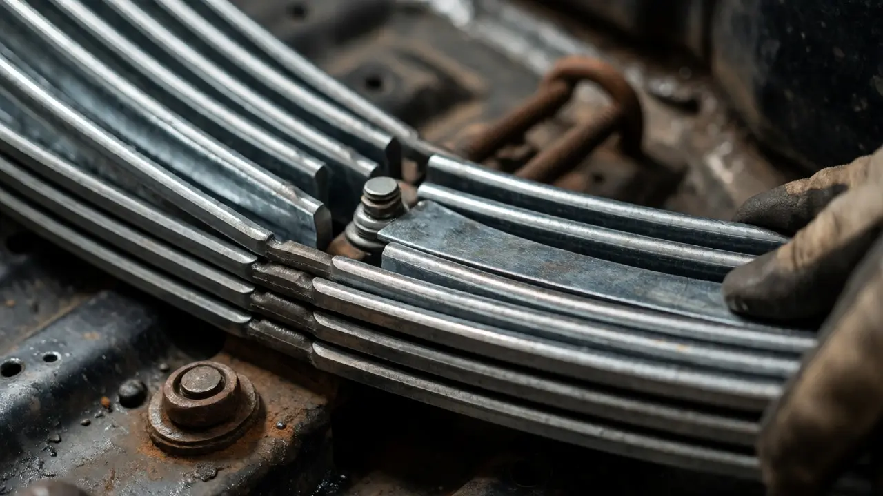 Mechanic installing a steel Add-A-Leaf into a truck's leaf spring stack