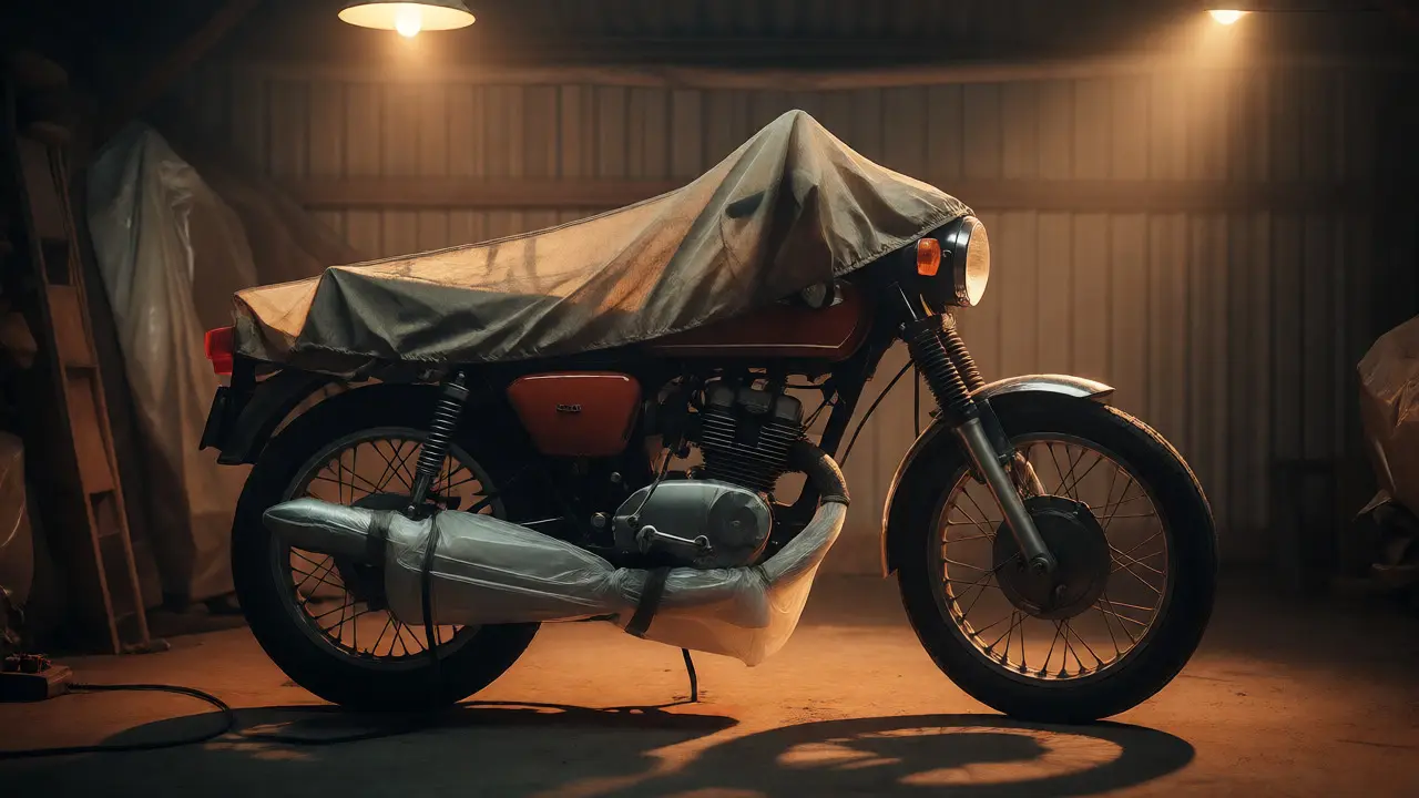 Motorcycle stored under a protective cover in a dimly lit shed with plastic-covered exhausts.