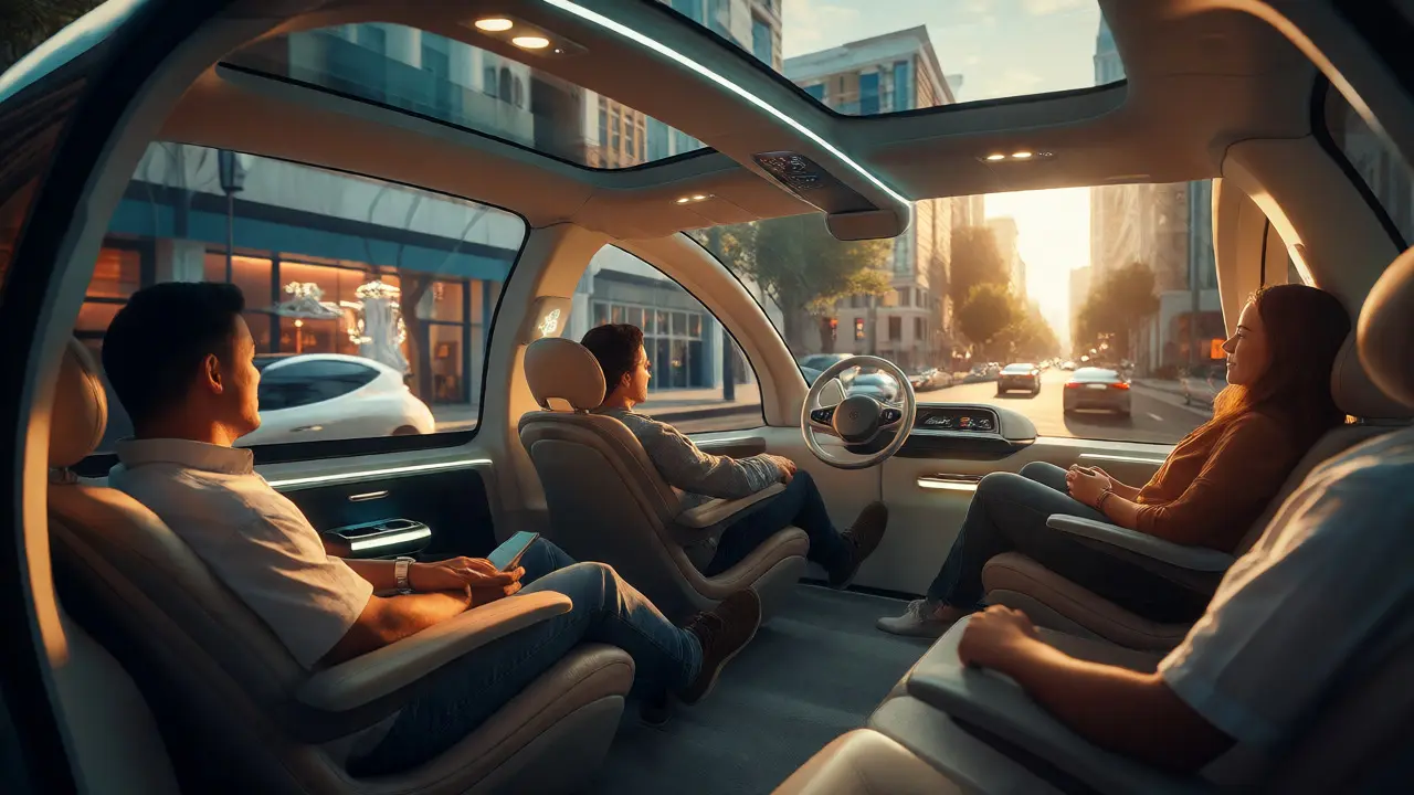 Relaxed passengers in a self-driving car with ambient window displays replacing traditional ads.