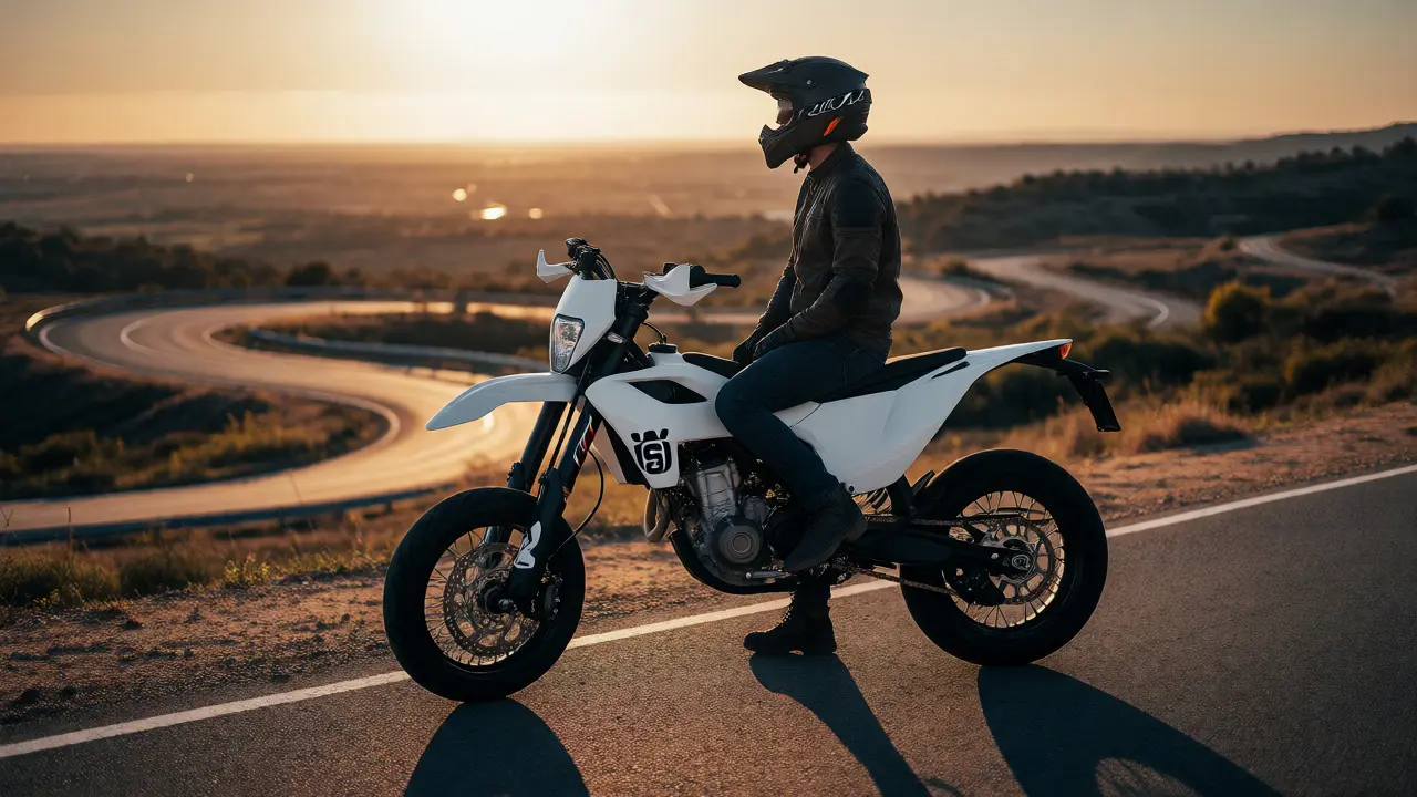 Rider on supermoto parked on scenic winding road at sunset