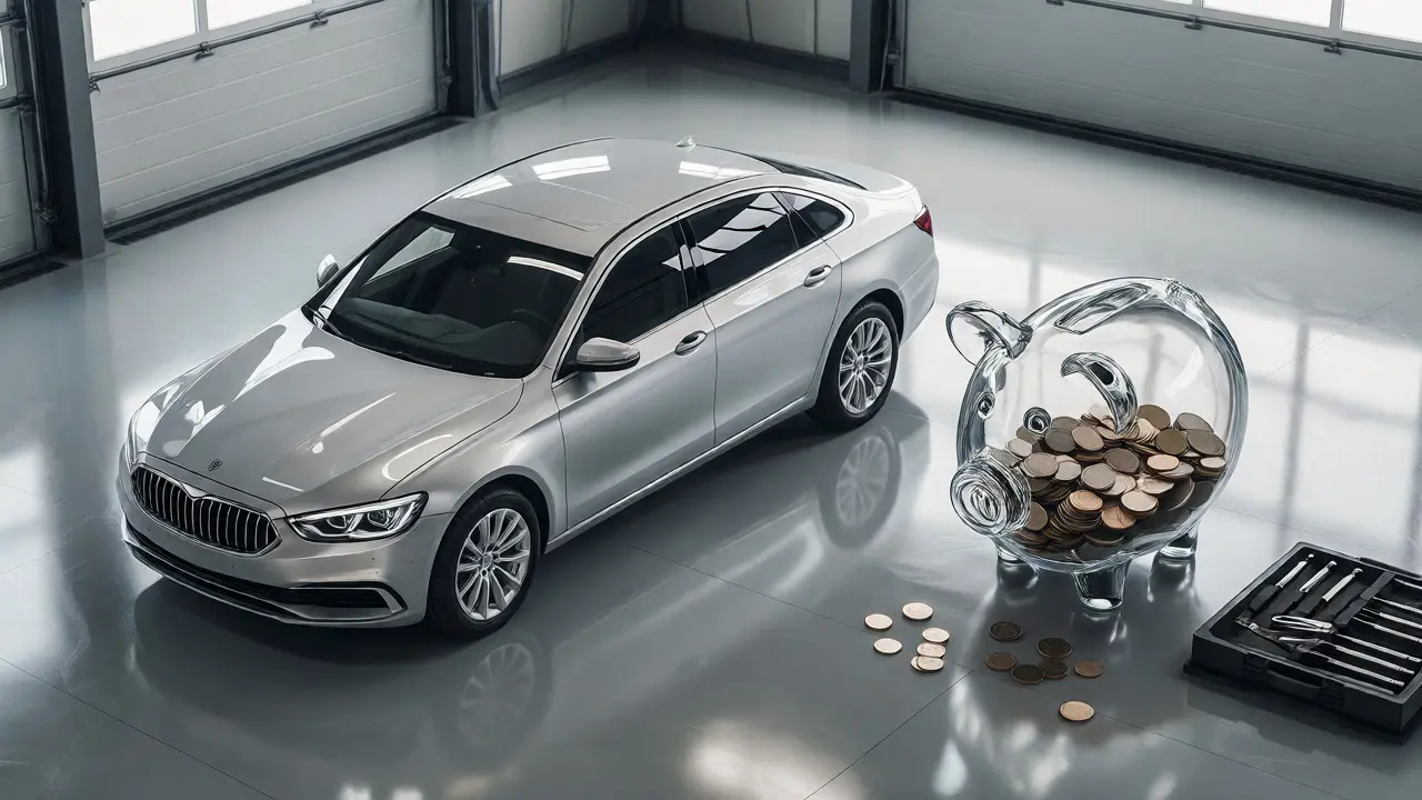 Silver sedan next to a glass jar of savings and tools in a bright garage setting.