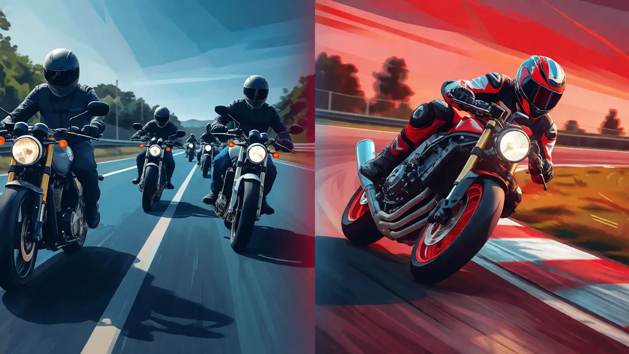 Split view of group road riding versus track day racing