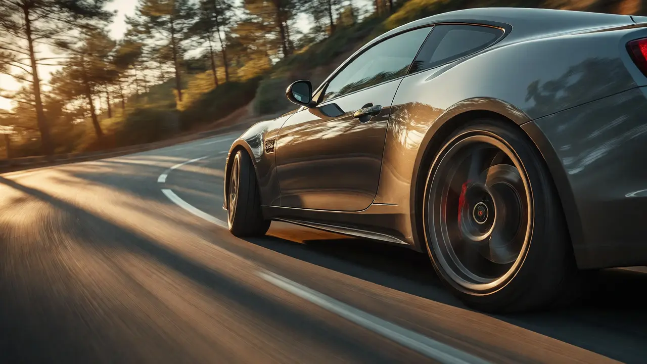 Sports car smoothly downshifting and cornering on a winding road