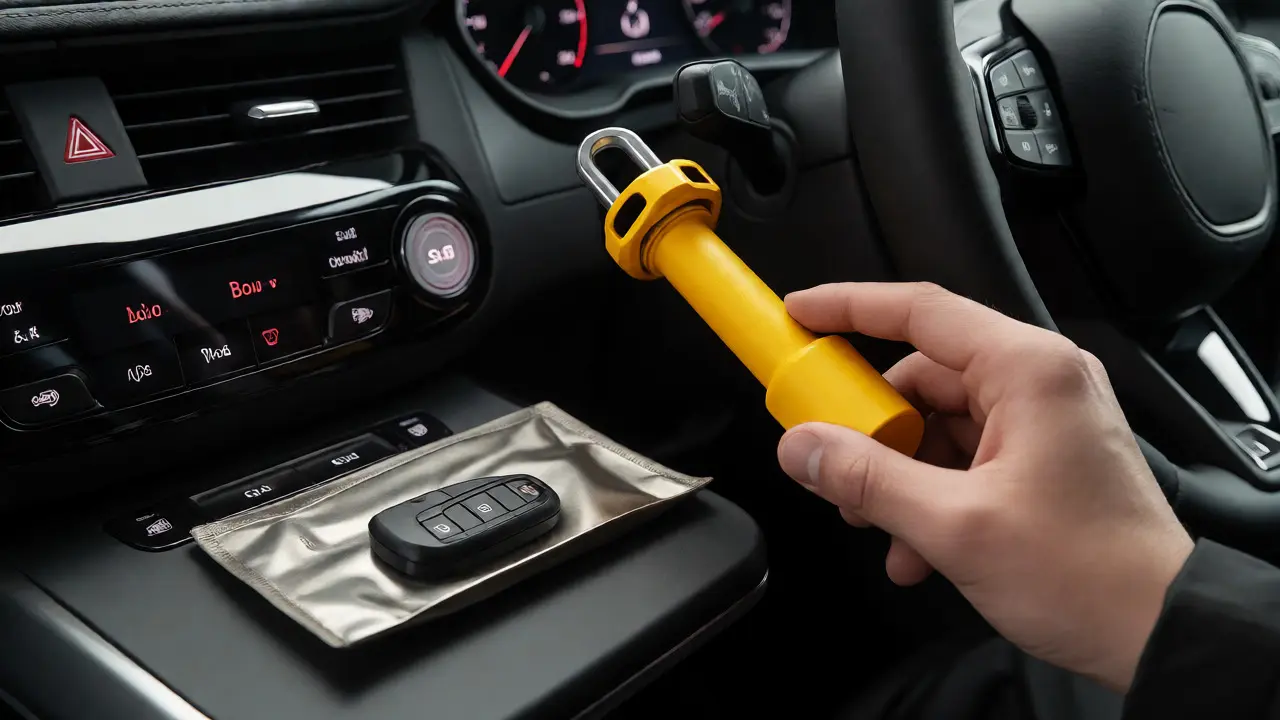Steering wheel lock and Faraday pouch placed near a car dashboard to enhance security.