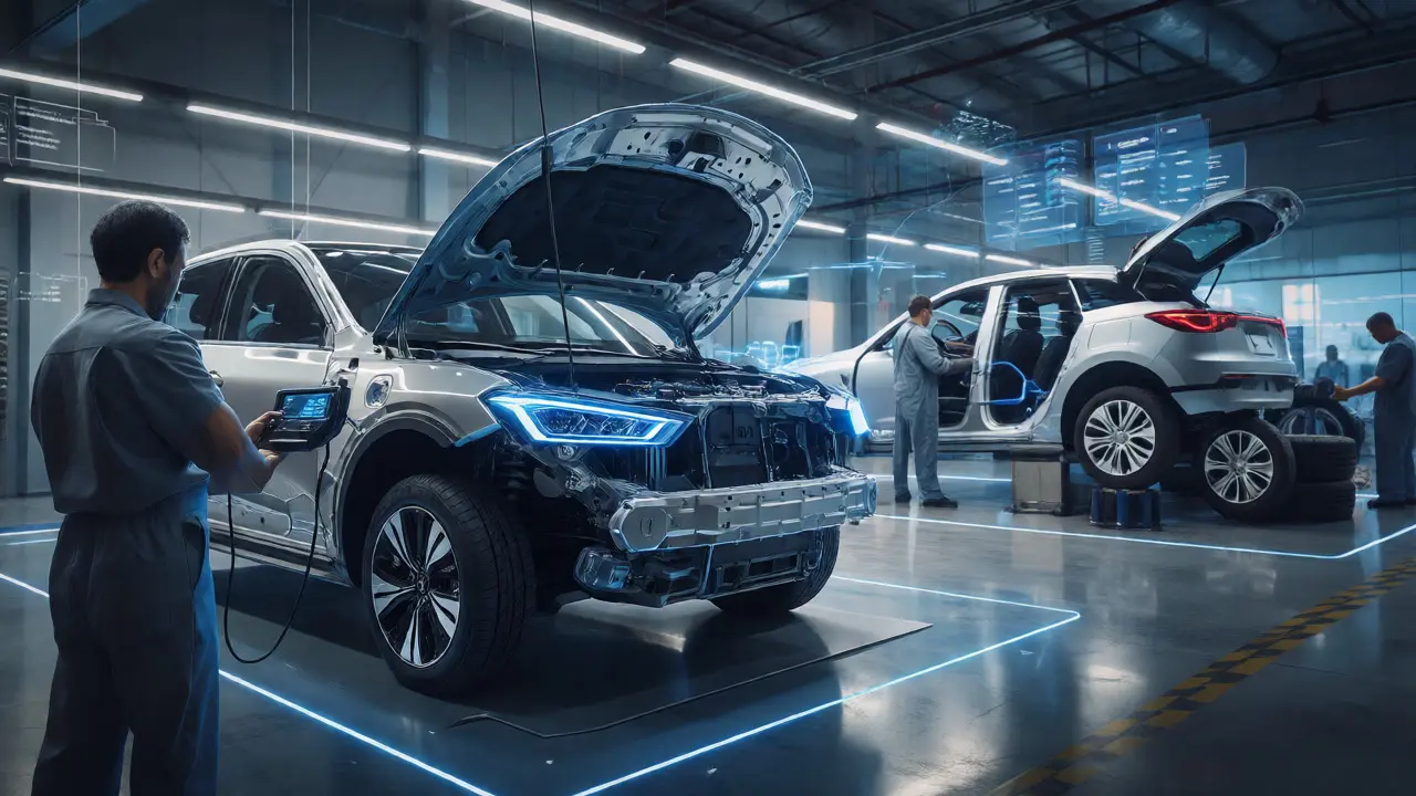 Technicians maintaining an electric vehicle with digital data overlays indicating telematics.