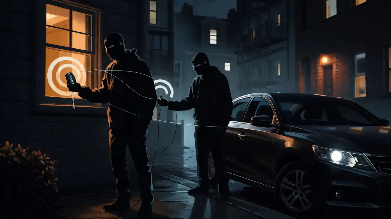 Thieves performing a relay attack on a smart key car at night using signal amplifiers.