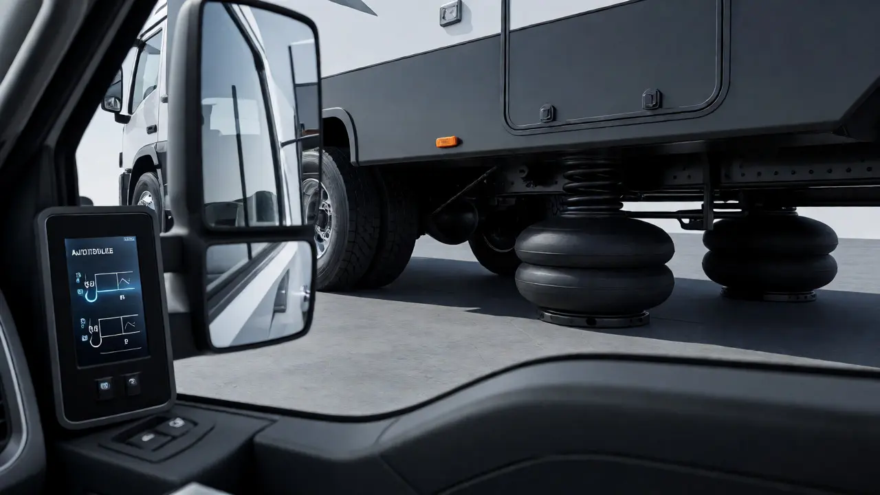 Truck with air springs sitting level while towing, controlled by digital panel