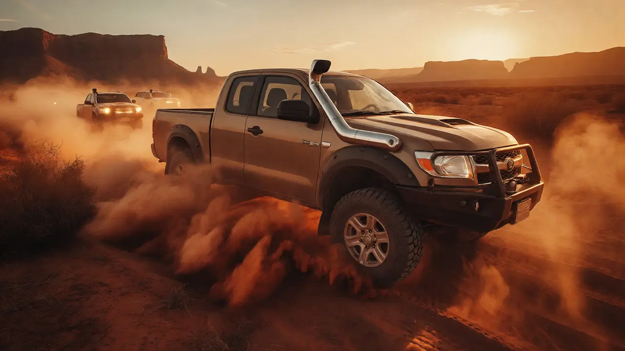 Trucks kicking up dust with snorkels