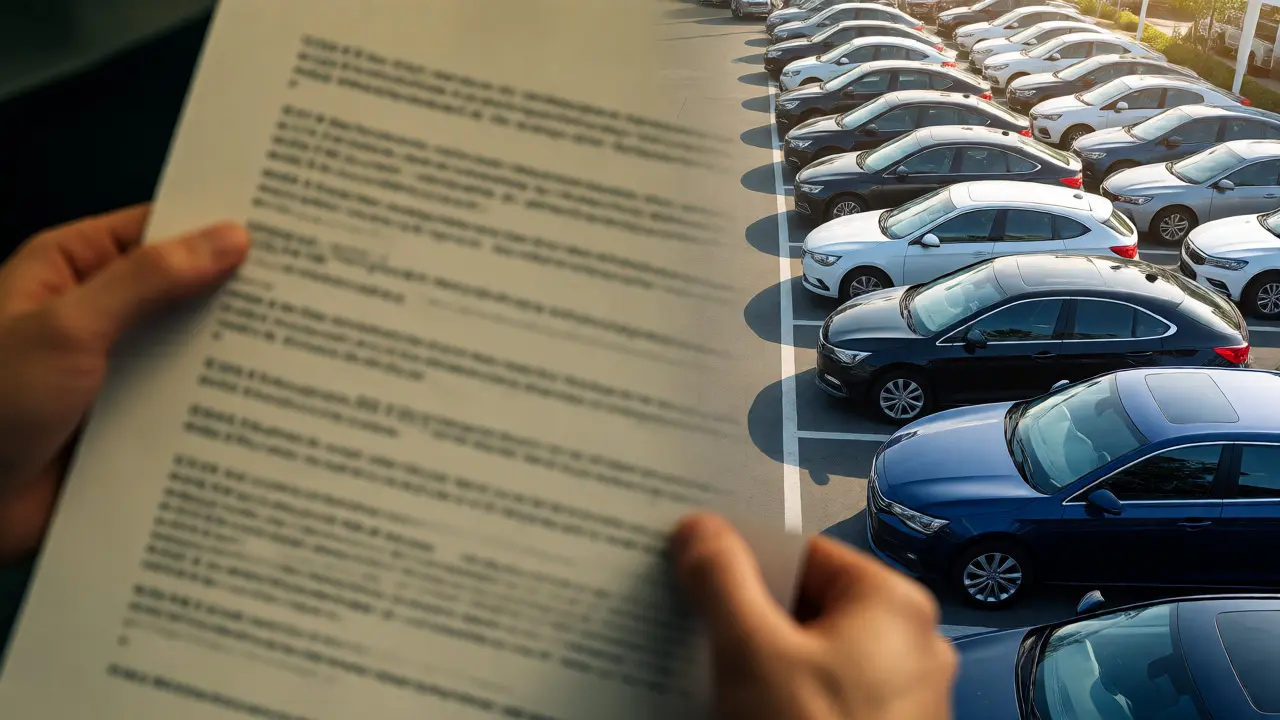 Visual contrast between a confusing contract and a bright, open car lot.