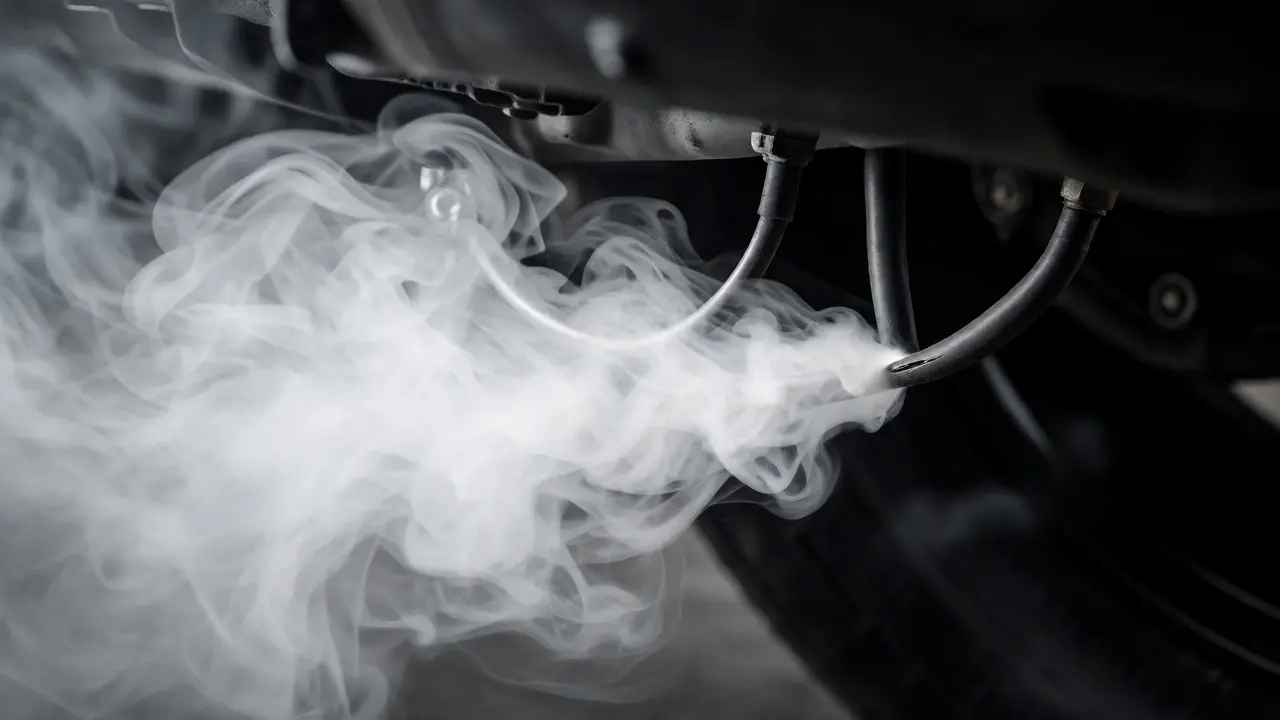 White smoke escaping from a cracked hose during an EVAP smoke test